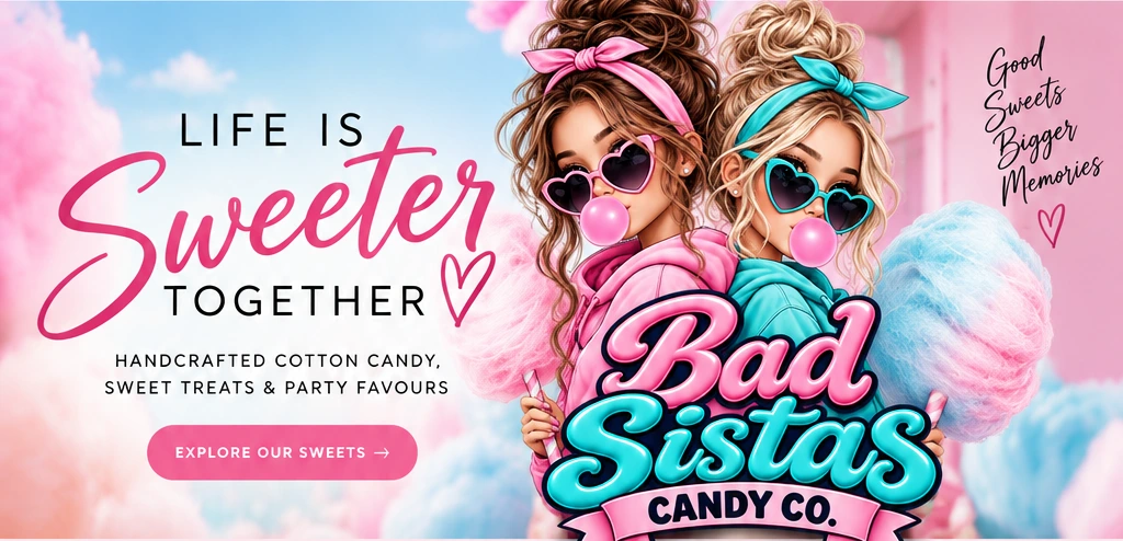 Life is sweeter together: Bad Sistas Candy Co. illustrated girls holding pink and blue cotton candy